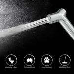 Close-up of a multi-functional handheld showerhead spraying water, with icons for toilet cleaning, personal care, pet bathing, and floor washing.