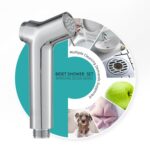 A stainless steel bidet shower set is shown against a circular background, highlighting uses for cleaning toilets, fruits, pets, and more.