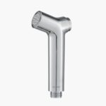 A silver handheld showerhead with a cylindrical handle and rounded nozzle featuring multiple small holes is set against a plain white background.