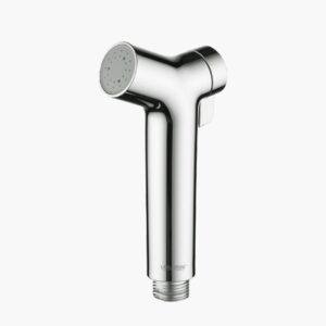 A chrome handheld bidet sprayer with a trigger and multi-hole nozzle.