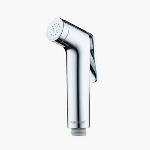 A silver handheld bidet sprayer with a perforated nozzle and lever handle against a white background.