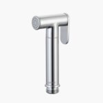 Close-up of a sleek stainless steel handheld bidet sprayer with a right-side lever handle.