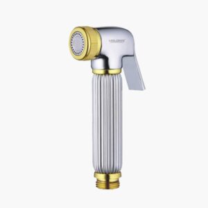 A silver sprayer with gold accents and a ridged grip handle on a white background.