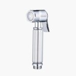 Silver handheld bidet spray with ribbed grip and trigger handle.