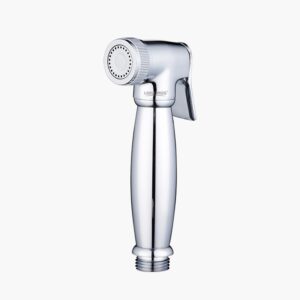 Silver handheld bidet spray nozzle with trigger handle on a white background.