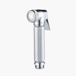 Chrome handheld bidet sprayer with ribbed handle and trigger.