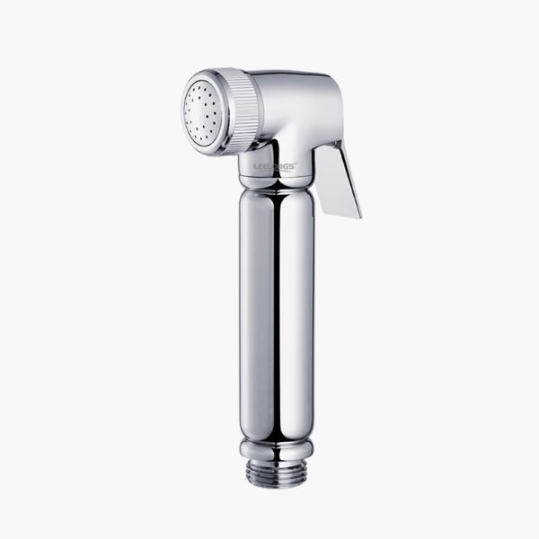 A metallic handheld bidet sprayer with a trigger handle and multi-hole nozzle.