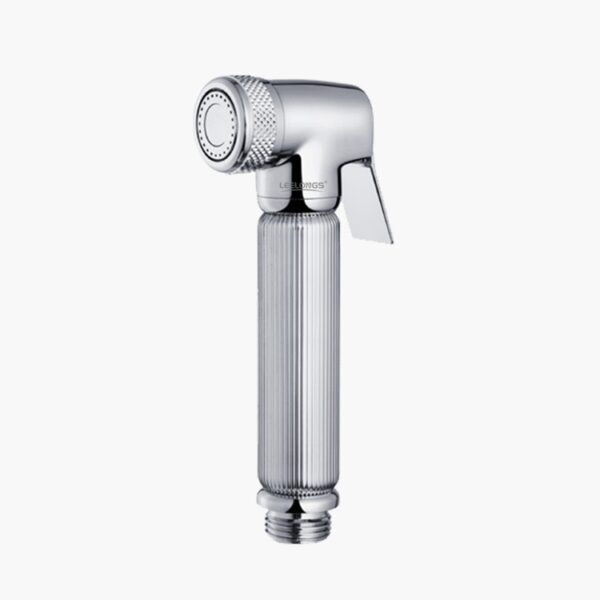 A metallic handheld bidet sprayer with a cylindrical grip and top nozzle for personal hygiene.