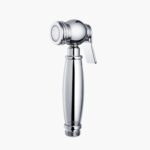 Handheld stainless steel bidet spray with trigger.