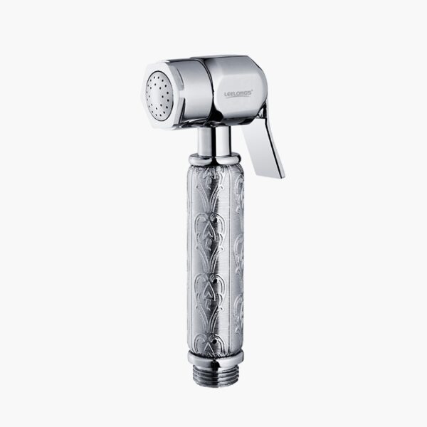 Ornate handheld bidet sprayer with metallic finish and water flow lever.