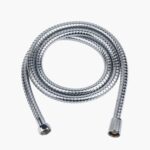 Coiled metal shower hose with threaded connectors on a white background.