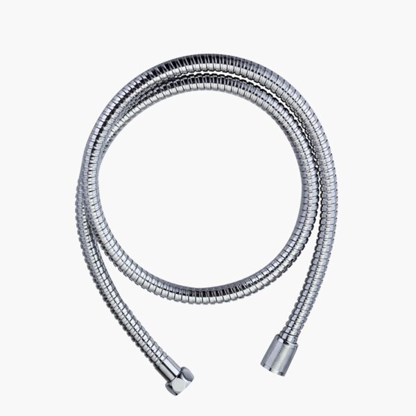 A chrome coiled metal hose with male and female connectors on each end, shown against a white background.