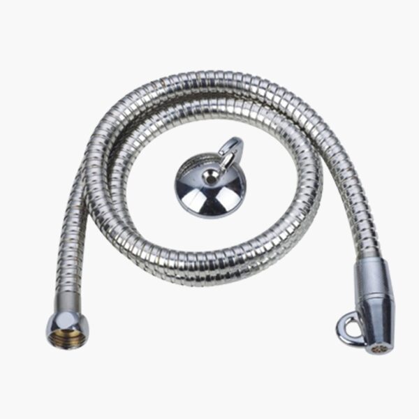 Coiled metal shower hose with two connectors, one attached to a round mount.