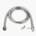 Metallic flexible hose with threaded connectors and a small metal bracket on a white background.