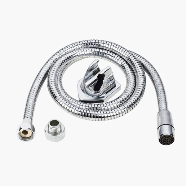 Flexible metal hose with connectors and mounting bracket for handheld showerheads on a white background.