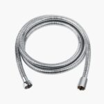 A coiled silver metal hose with connectors on both ends, likely for plumbing or shower use, shown on a white background.