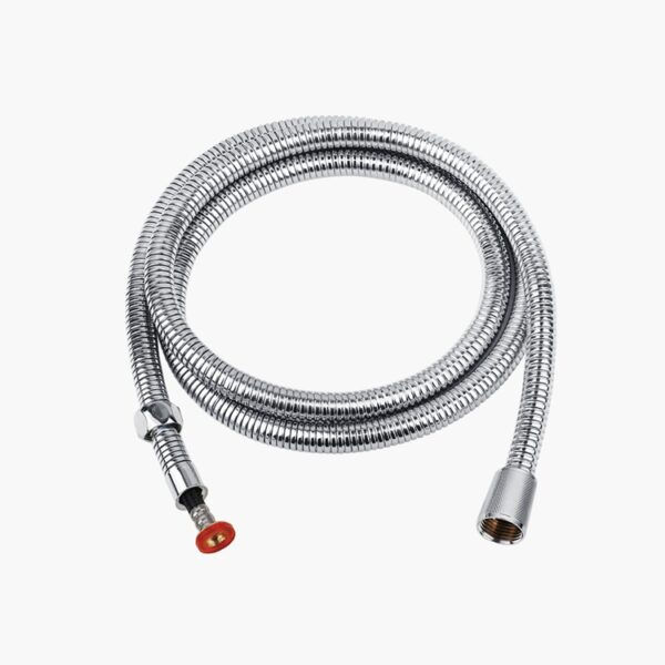 A coiled silver hose with metal fittings on both ends; one end has a red ring.