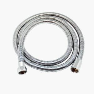 A coiled stainless steel flexible hose with threaded connectors on a white background, used for plumbing or showers.