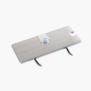 A rectangular metal footrest with ridges and two foldable legs for ergonomic support.