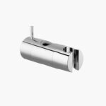 Chrome cylindrical plumbing fixture with vertical handle and open slot, isolated on white background.