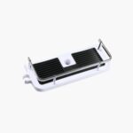 A rectangular white and black plastic soap dish with metal side bars.