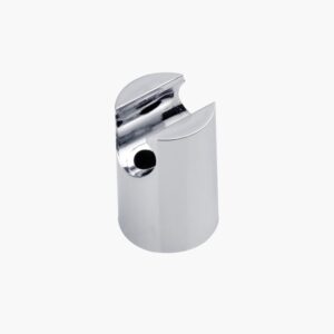 Chrome-finished metal cylinder with semi-circular notch and top hole.