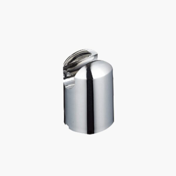 A shiny, silver metal clamp for mounting or holding objects, isolated on a plain white background.