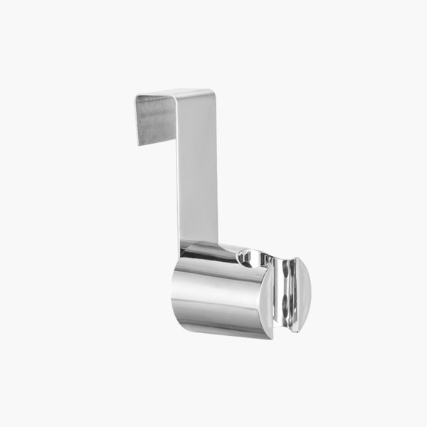 A silver over-the-door hook with a cylindrical extension for hanging items, designed to fit standard doors.