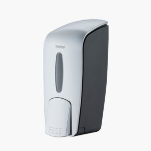 A sleek, wall-mounted gray and white touch-free soap dispenser on a white background.