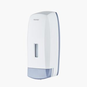 A wall-mounted white hand sanitizer dispenser with a small window showing liquid level.