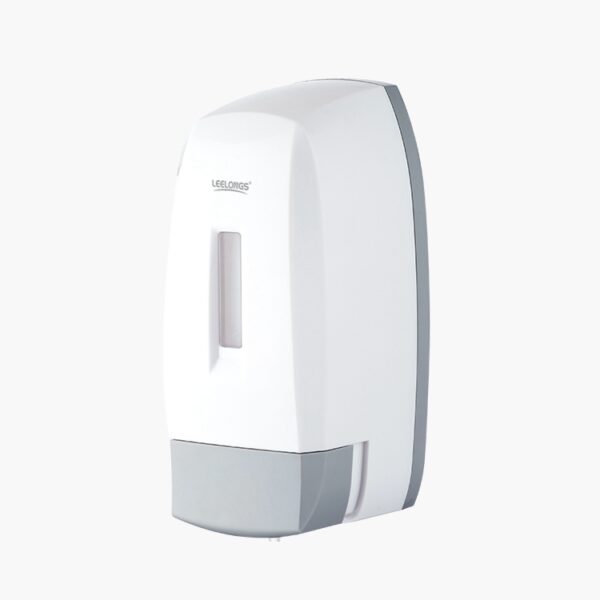 Wall-mounted soap dispenser, white with gray bottom and transparent window to view soap levels.