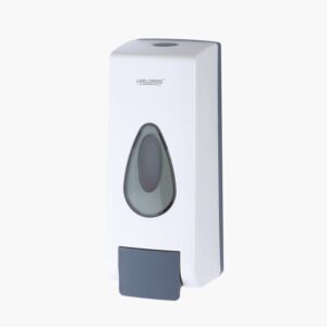 Wall-mounted hand sanitizer dispenser with gray push lever and a transparent window for checking sanitizer level.