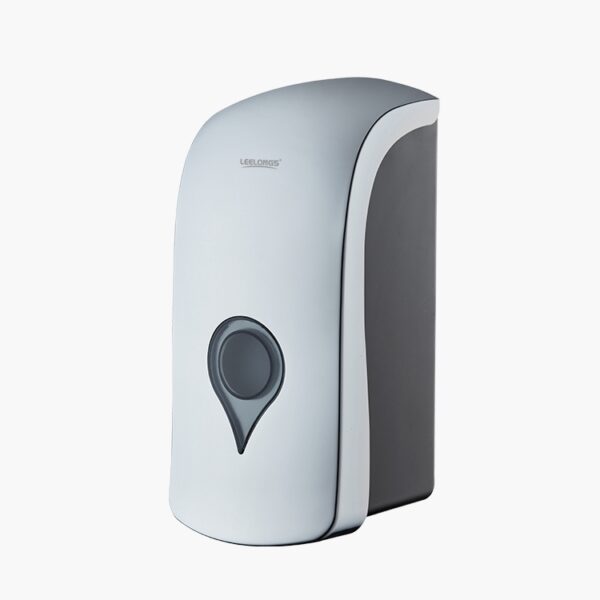 A white and gray wall-mounted soap/sanitizer dispenser with a teardrop-shaped button.