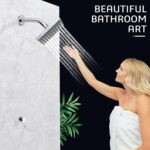 A towel-wrapped person reaches for shower water. Text: "Beautiful Bathroom Art.