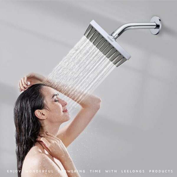 A person with wet hair showers under a modern square showerhead, hand on neck. Text reads, "Enjoy shower time with Leelong’s products.