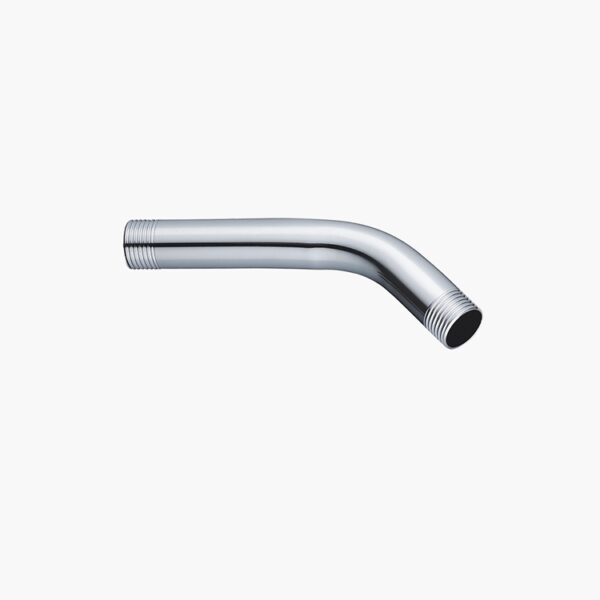 A 90-degree bent metal pipe, threaded ends, on a white background.