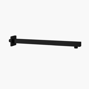 A black towel bar on a white wall.