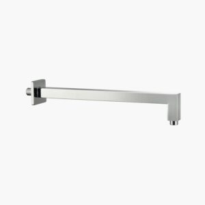 A wall-mounted metallic shower arm with a square base and sleek design, set against a plain white background.