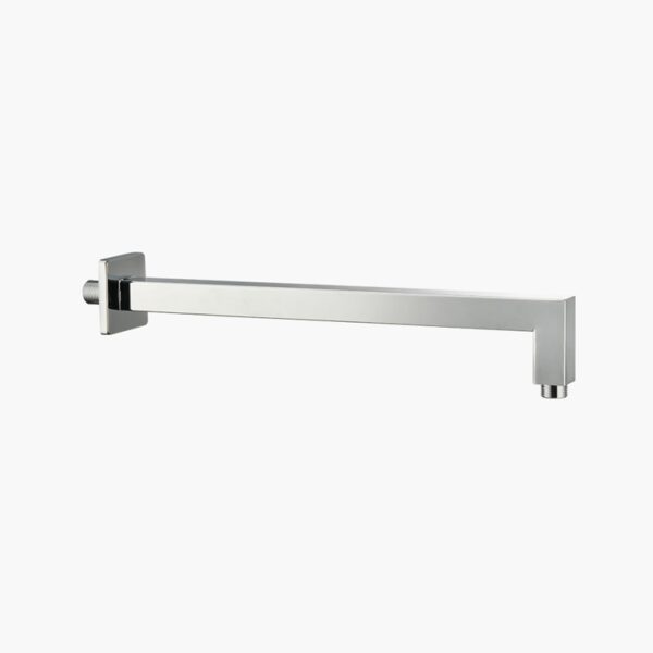 A wall-mounted metallic shower arm with a square base and sleek design, set against a plain white background.