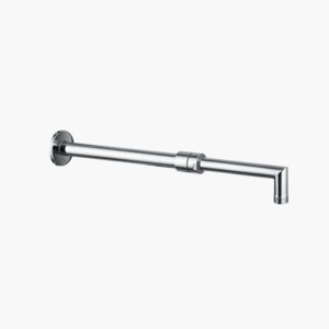 A chrome-finished shower arm on a white wall with a straight pipe ending in a right-angle bend.