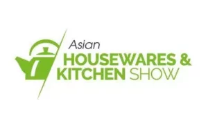 Logo of the Asian Housewares & Kitchen Show with a lime green teapot graphic and text in lime green and dark gray on white background.