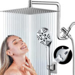 A woman showers under a square showerhead with a handheld option. The scene shows flowing water and a shower settings dial.