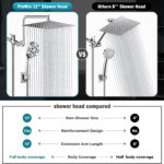 A chart compares a 12" PinWin rain shower head to an 8" standard one, highlighting its larger size, stronger design, longer arm, and better coverage.