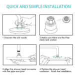 Install shower head: 1. Remove old nozzle. 2. Check filter mesh and washer. 3. Align connector with pipe arm. 4. Tighten connector.