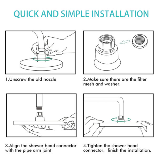 Installez la pomme de douche : 1. Retirez l'ancienne buse. 2. Vérifiez le tamis du filtre et la rondelle. 3. Alignez le connecteur avec le bras de tuyau. 4. Serrez le connecteur.