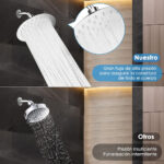 Comparison of two showerheads: Top image ("Nuestro") shows a high-pressure full-body spray; bottom ("Otros") shows intermittent low-pressure spray.