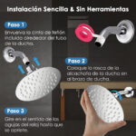 Diagram: 1. Wrap Teflon tape on shower arm. 2. Attach showerhead to arm. 3. Tighten clockwise.