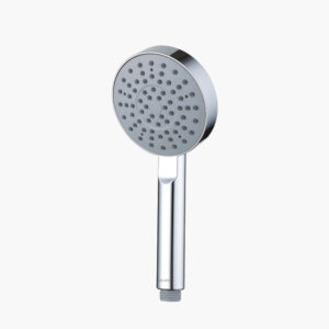 A tiny bathroom shower with a round face and multiple small water holes, attached to a straight handle, against a plain white background.