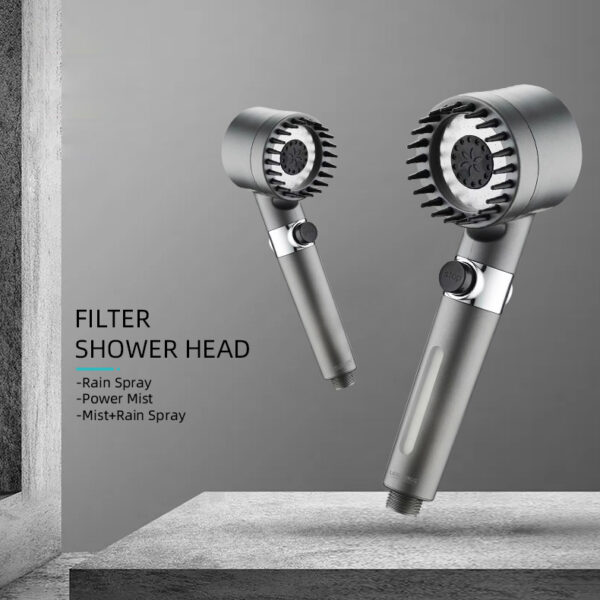 Afbeelding van twee grijze draagbare filterdouchekoppen met de tekst: "FILTER SHOWER HEAD - Rain, Power Mist, Mist+Rain" op een minimalistische achtergrond.