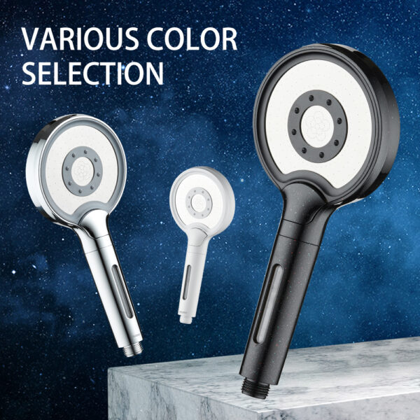 Three handheld shower heads in black, grey, and white are displayed against a starry backdrop with "VARIOUS COLOR SELECTION" text in the top left.